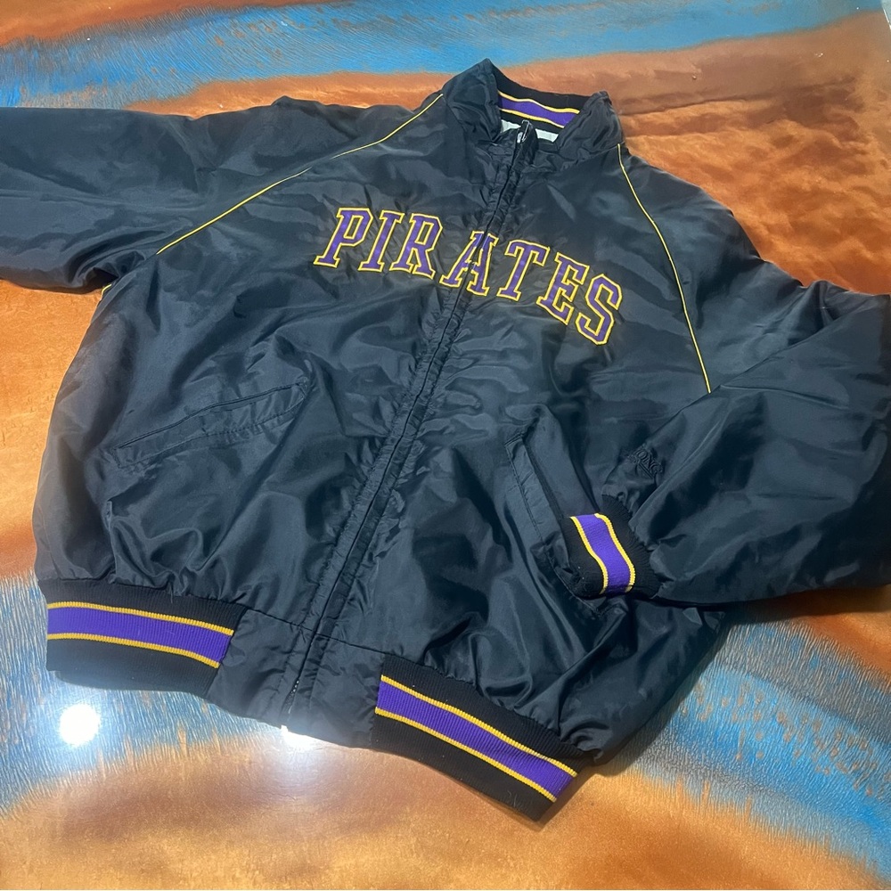VTG DeLong USA Pirates Varsity Bomber Quilted Jacket Black Purple Gold Large